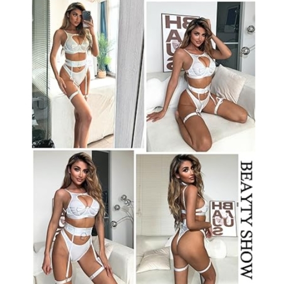 Sexy Lingerie Set with Underwire Garter Belt  5 Piece with Choker White - Picture 5 of 7